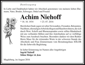 Traueranzeige von Achim Niehoff  von Magdeburger Volksstimme