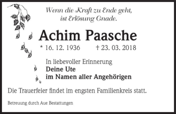 Traueranzeige von Achim Paasche  von Magdeburger Volksstimme
