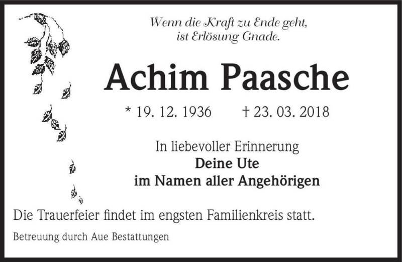  Traueranzeige für Achim Paasche  vom 07.04.2018 aus Magdeburger Volksstimme