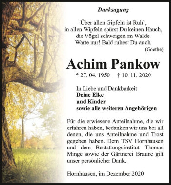 Traueranzeige von Achim Pankow  von Magdeburger Volksstimme