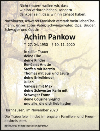 Traueranzeige von Achim Pankow  von Magdeburger Volksstimme