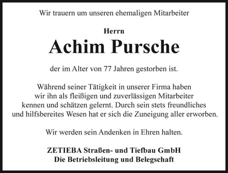  Traueranzeige für Achim Pursche  vom 28.02.2017 aus Magdeburger Volksstimme