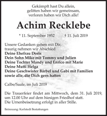 Traueranzeige von Achim Recklebe  von Magdeburger Volksstimme