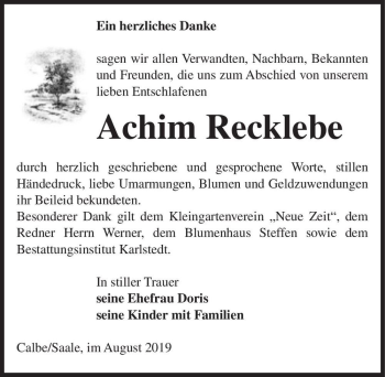 Traueranzeige von Achim Recklebe  von Magdeburger Volksstimme