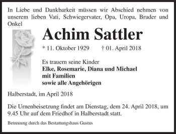 Traueranzeige von Achim Sattler  von Magdeburger Volksstimme