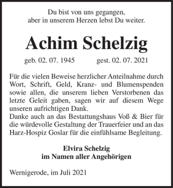 Traueranzeige von Achim Schelzig  von Magdeburger Volksstimme