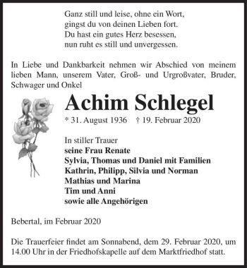 Traueranzeige von Achim Schlegel  von Magdeburger Volksstimme
