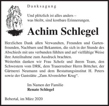 Traueranzeige von Achim Schlegel  von Magdeburger Volksstimme