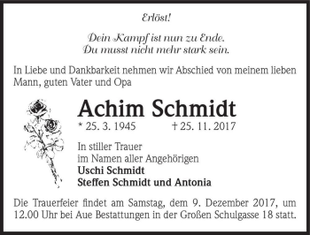 Traueranzeige von Achim Schmidt  von Magdeburger Volksstimme