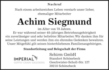 Traueranzeige von Achim Siegmund  von Magdeburger Volksstimme