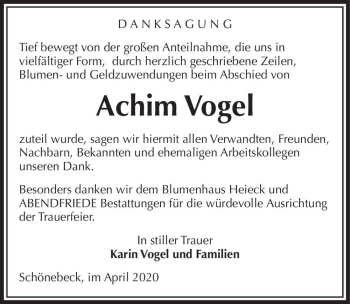 Traueranzeige von Achim Vogel  von Magdeburger Volksstimme