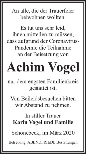 Traueranzeige von Achim Vogel  von Magdeburger Volksstimme
