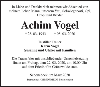 Traueranzeige von Achim Vogel  von Magdeburger Volksstimme