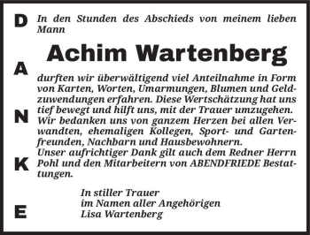 Traueranzeige von Achim Wartenberg  von Magdeburger Volksstimme
