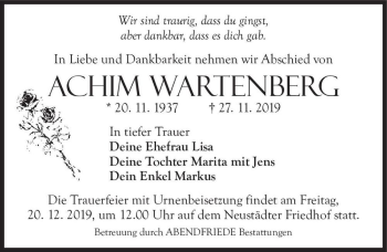 Traueranzeige von Achim Wartenberg  von Magdeburger Volksstimme