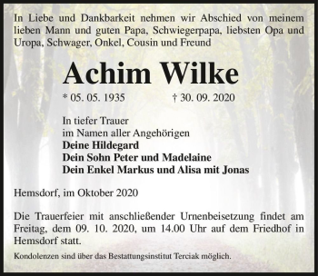 Traueranzeige von Achim Wilke  von Magdeburger Volksstimme