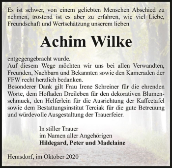 Traueranzeige von Achim Wilke  von Magdeburger Volksstimme