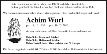 Traueranzeige von Achim Wurl  von Magdeburger Volksstimme