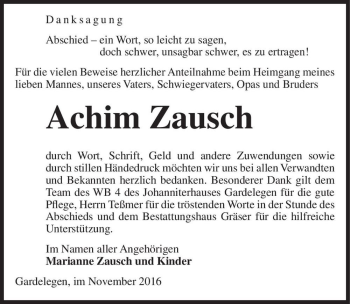 Traueranzeige von Achim Zausch  von Magdeburger Volksstimme