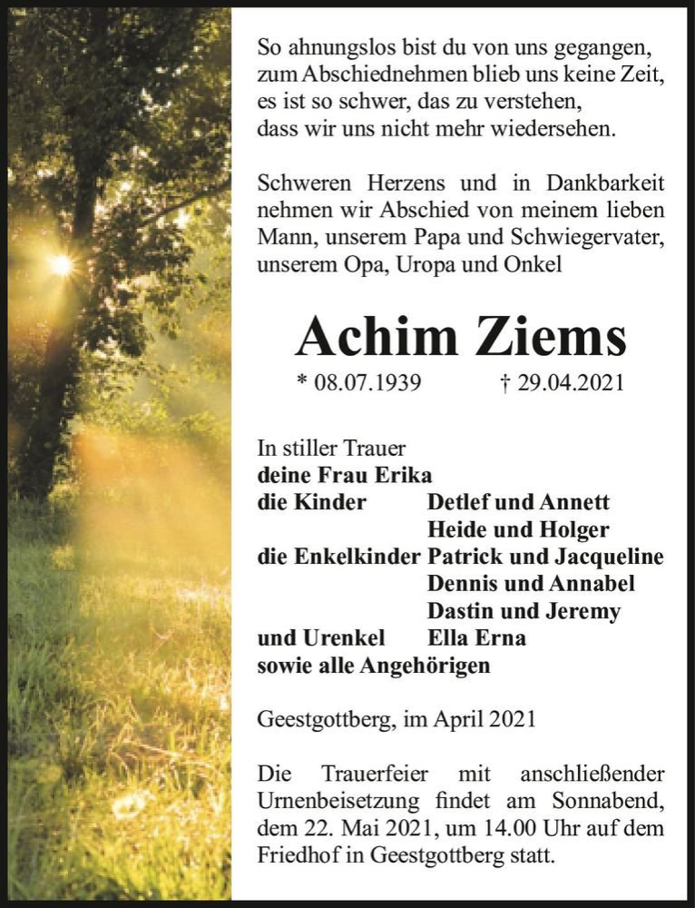  Traueranzeige für Achim Ziems  vom 15.05.2021 aus Magdeburger Volksstimme