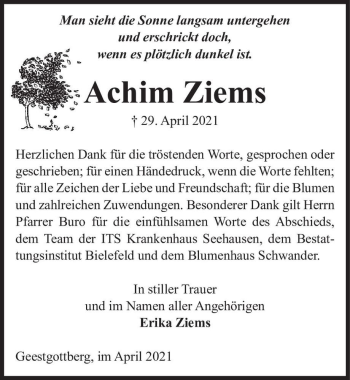 Traueranzeige von Achim Ziems  von Magdeburger Volksstimme