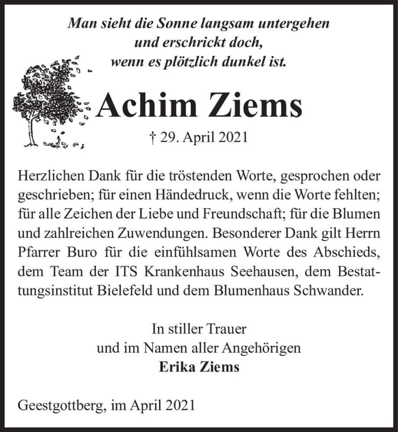  Traueranzeige für Achim Ziems  vom 29.05.2021 aus Magdeburger Volksstimme