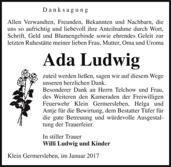 Traueranzeige von Ada Ludwig  von Magdeburger Volksstimme