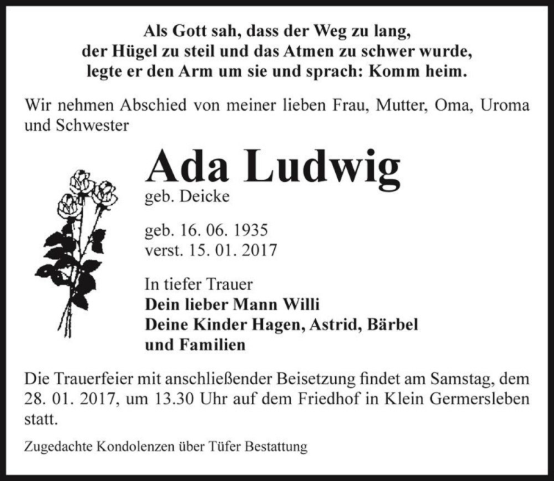  Traueranzeige für Ada Ludwig (geb. Deicke)  vom 21.01.2017 aus Magdeburger Volksstimme