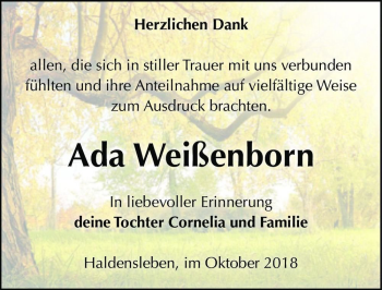 Traueranzeige von Ada Weißenborn  von Magdeburger Volksstimme