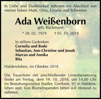 Traueranzeige von Ada Weißenborn (geb. Rückmann)  von Magdeburger Volksstimme