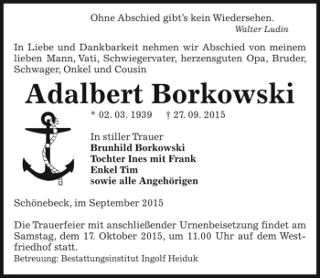 Traueranzeige von Adalbert Borkowski  von Magdeburger Volksstimme
