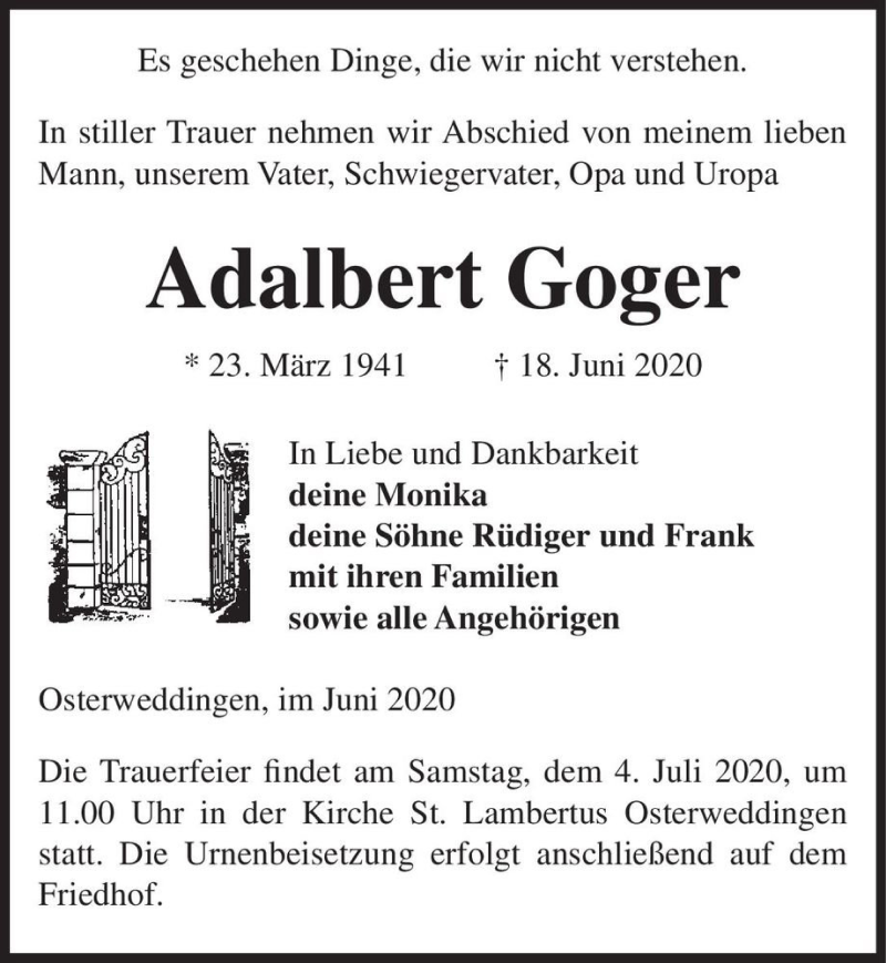  Traueranzeige für Adalbert Goger  vom 27.06.2020 aus Magdeburger Volksstimme
