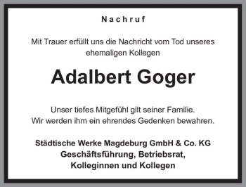 Traueranzeige von Adalbert Goger  von Magdeburger Volksstimme
