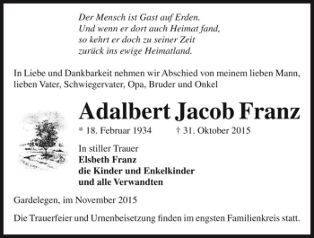 Traueranzeige von Adalbert Jacob Franz  von Magdeburger Volksstimme