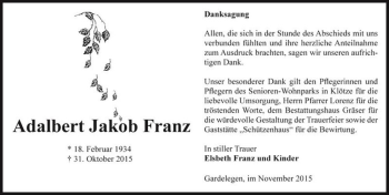 Traueranzeige von Adalbert Jakob Franz  von Magdeburger Volksstimme