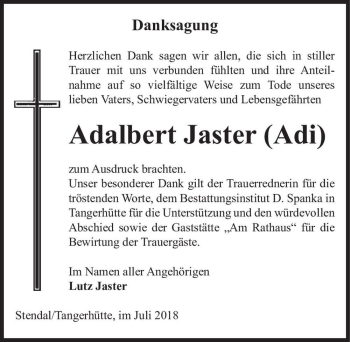Traueranzeige von Adalbert Jaster (Adi)  von Magdeburger Volksstimme