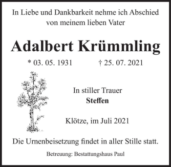 Traueranzeige von Adalbert Krümmling  von Magdeburger Volksstimme