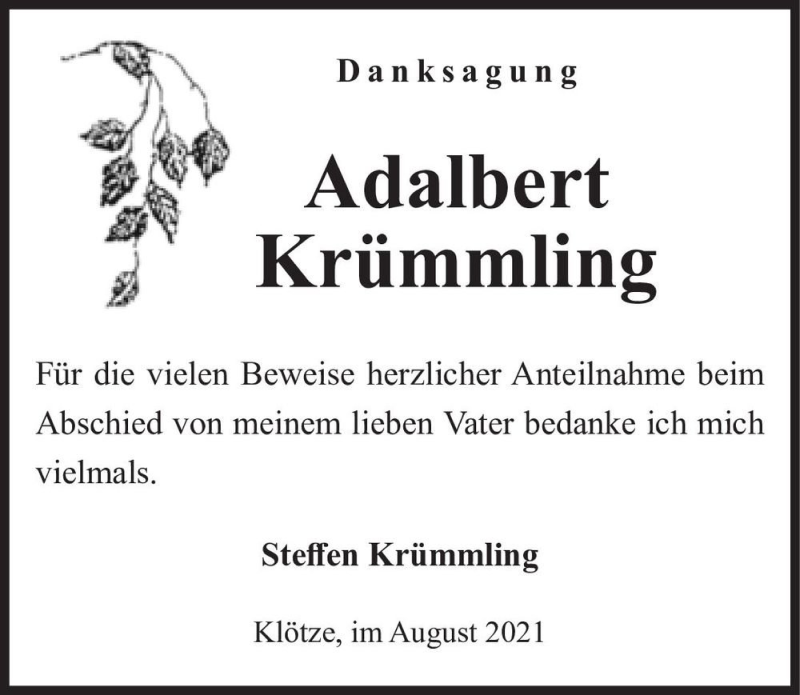  Traueranzeige für Adalbert Krümmling  vom 14.08.2021 aus Magdeburger Volksstimme
