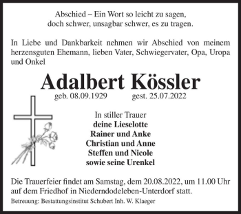 Traueranzeige von Adalbert Kössler  von Magdeburger Volksstimme