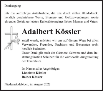Traueranzeige von Adalbert Kössler  von Magdeburger Volksstimme