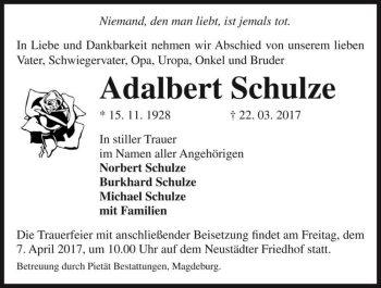 Traueranzeige von Adalbert Schulze  von Magdeburger Volksstimme