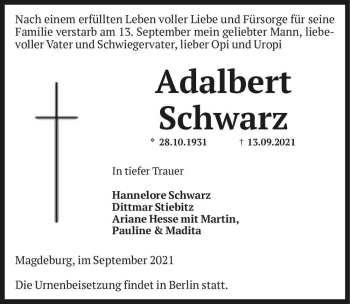 Traueranzeige von Adalbert Schwarz  von Magdeburger Volksstimme