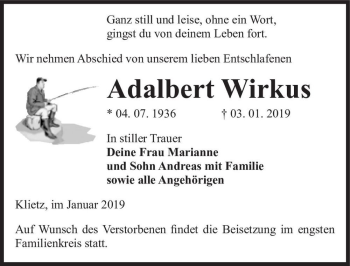 Traueranzeige von Adalbert Wirkus  von Magdeburger Volksstimme