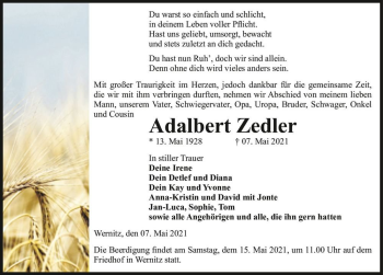 Traueranzeige von Adalbert Zedler  von Magdeburger Volksstimme