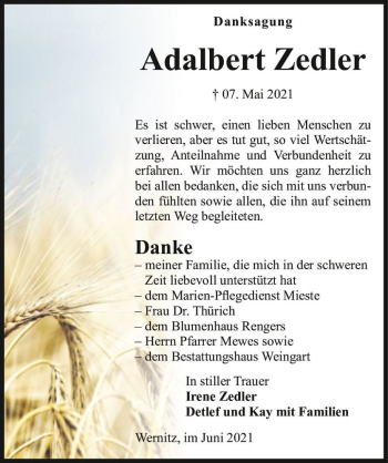 Traueranzeige von Adalbert Zedler  von Magdeburger Volksstimme