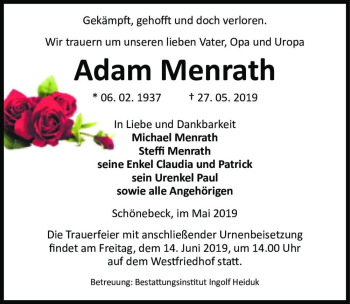 Traueranzeige von Adam Menrath  von Magdeburger Volksstimme