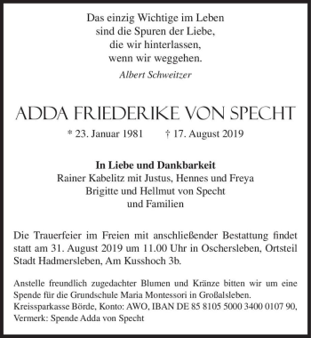 Traueranzeige von Adda Friederike von Specht  von Magdeburger Volksstimme
