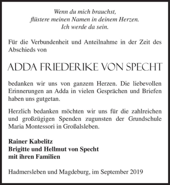 Traueranzeige von Adda Friederike von Specht  von Magdeburger Volksstimme