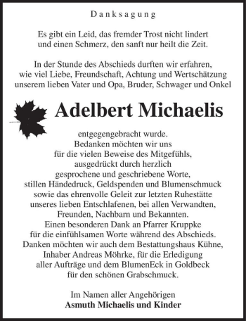 Traueranzeige von Adelbert Michaelis  von Magdeburger Volksstimme