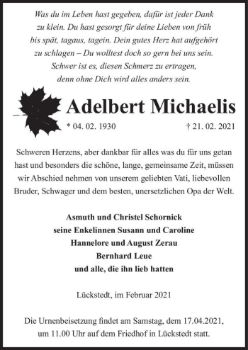 Traueranzeige von Adelbert Michaelis  von Magdeburger Volksstimme